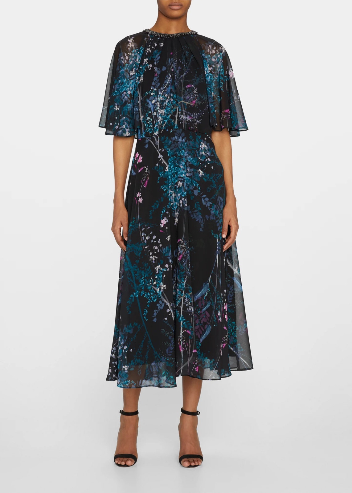 Teri Jon Rickie Freeman Chiffon Capelet Black Floral Cocktail Midi Dress 8